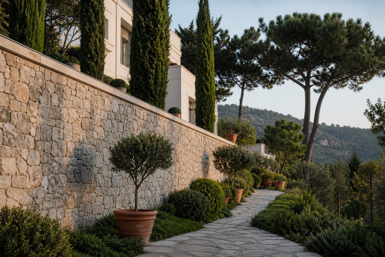İstanbul villa bahçesinde doğal taş istinat duvarı, peyzaj terası ve taş döşeme yürüyüş yolu